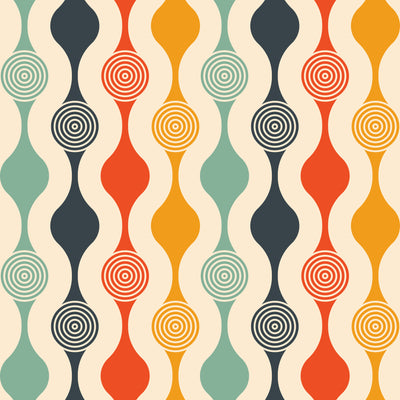 retro, cotton, natural fabric with pattern in 60s, 70s style (geometric in four colours)