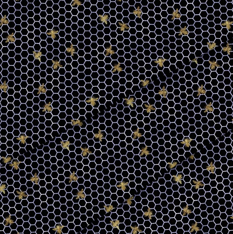 small bees honeycomb black fabric