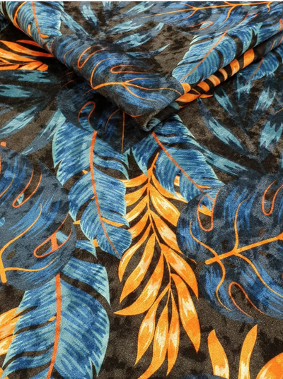 Blue Orange Tropical Jungle Leaves Crushed Velvet - MagnoliaFabric