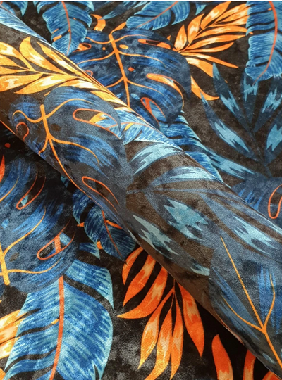 Blue Orange Tropical Jungle Leaves Crushed Velvet - MagnoliaFabric