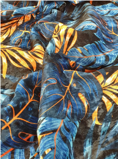 Blue Orange Tropical Jungle Leaves Crushed Velvet - MagnoliaFabric