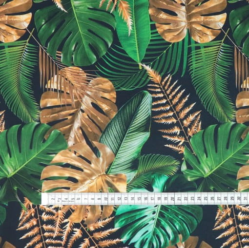 green gold leaves monstera outdoor fabric